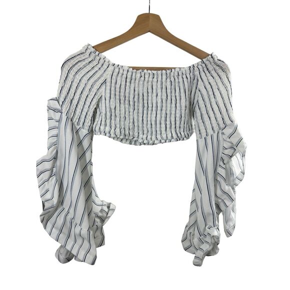 NWOT Hot & Delicious White and Blue Strip Ruffle Long Sleeve Off Shoulder Crop B - Picture 1 of 10